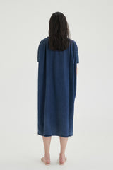 Relaxed Fit Linen Midi Dress with Notched Neckline and Front Pleat Detail