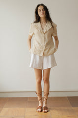 Elegant Linen Button-Up Blouse with Ruffle Collar and Short Sleeves for Effortless Style