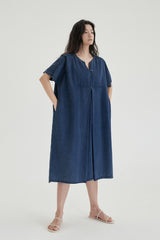 Relaxed Fit Linen Midi Dress with Notched Neckline and Front Pleat Detail