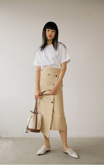 High-Waisted Button-Front Midi Skirt in Lightweight Linen with Asymmetrical Front Slit