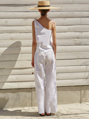Asymmetrical Linen Blouse with Adjustable Shoulder Ties and Lightweight Relaxed Fit