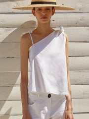 Asymmetrical Linen Blouse with Adjustable Shoulder Ties and Lightweight Relaxed Fit