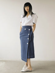 High-Waisted Asymmetric Button-Front Midi Skirt in Premium Cotton Denim Fabric
