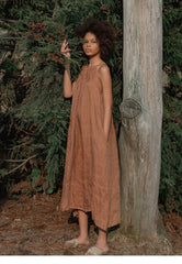 Sleeveless Gathered Linen Midi Dress With Halter Neckline And Relaxed Fit