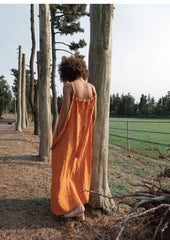 Sleeveless Linen Maxi Dress with Adjustable Shoulder Ties and Gathered Neckline
