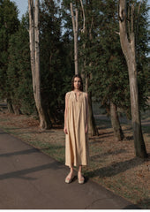 Sleeveless Linen Maxi Dress With Pleated Neckline And Relaxed A-Line Silhouette