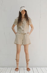 Women's Short Sleeve Linen Blouse with Front Button Closure and Notched V-Neck Collar