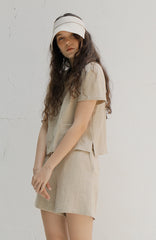 Women's Short Sleeve Linen Blouse with Front Button Closure and Notched V-Neck Collar