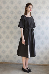 Women’s Square Neck Linen Midi Dress with Adjustable Waist Tie and Elbow-Length Sleeves