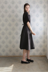Women’s Square Neck Linen Midi Dress with Adjustable Waist Tie and Elbow-Length Sleeves