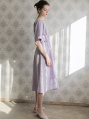 Women’s Linen Midi Dress with Square Neckline, Adjustable Waist Tie, and Flared Hem