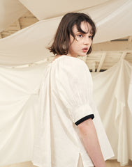 Puff Sleeve Button-Back Linen Blouse with Square Neckline and Adjustable Waist Tie