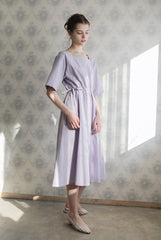 Women’s Linen Midi Dress with Square Neckline, Adjustable Waist Tie, and Flared Hem