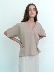 Relaxed-Fit V-Neck Linen Blouse With Elbow-Length Sleeves And Pleated Back Drape Detail