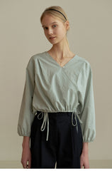 Women’s Linen Wrap Blouse with Adjustable Drawstring Waist and Long Puff Sleeves
