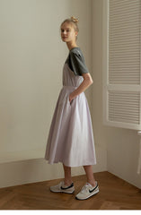 Spaghetti Strap Linen Midi Dress with Pleated Skirt and Side Pockets for Women