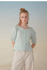 Striped Linen Blouse With Puff Sleeves, Button Front And Square Neckline Silhouette