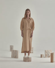 Collared Linen Shirt Dress With Waist Tie, Side Slits And Elbow-Length Sleeves