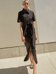 Button-Down Linen Midi Dress with Belted Waist, Short Sleeves and Structured Shirt Collar