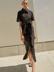 Button-Down Linen Midi Dress with Belted Waist, Short Sleeves and Structured Shirt Collar