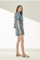 Short-Sleeve Double-Breasted Linen Blazer With Notched Lapels And Tailored Waist Fit