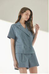 Short-Sleeve Double-Breasted Linen Blazer With Notched Lapels And Tailored Waist Fit