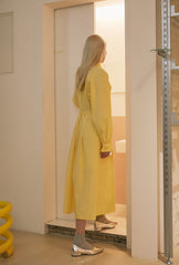 Long-Sleeve Linen Midi Dress With Ruffled Cuffs, Gathered Neckline And Waist Tie Detail