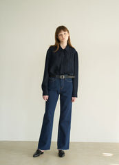 High-Rise Straight Leg Denim Pants in Pure Cotton for Women with Raw Edge Hem Detail