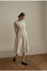 Elegant Long-Sleeve Midi Dress Crafted From Premium Cotton Poplin With Gathered Waist Detail