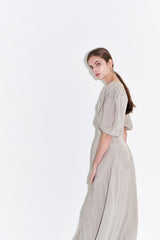 Silk Midi Dress for Women with Puff Sleeves and Scoop Neckline – Flared Hem and Elegant Fit