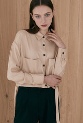 Cropped Linen Blazer with Side Tie Detail and Patch Pockets – Long Sleeve Button-Up for Women