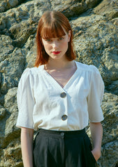 Linen V-Neck Puff Sleeve Blouse With Statement Buttons