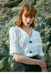 Linen V-Neck Puff Sleeve Blouse With Statement Buttons