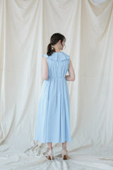 Sleeveless Pleated Linen Midi Dress with Ruffle Collar and Flowing A-Line Silhouette