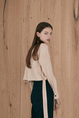 Cropped Linen Blazer with Side Tie Detail and Patch Pockets – Long Sleeve Button-Up for Women