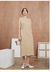 Sleeveless Linen Midi Dress With Back Vent And Relaxed Straight Silhouette