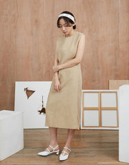 Sleeveless Linen Midi Dress With Back Vent And Relaxed Straight Silhouette