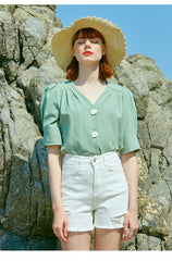 High-Rise Distressed Denim Shorts with Raw Hem for Women