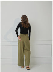 High-Waisted Wide-Leg Linen Pants with Front Tie Belt and Back Patch Pockets