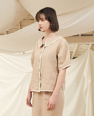 Women's Linen Button-Up Blouse with Contrast Piping and Peter Pan Collar