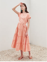 Tiered Cotton Poplin Midi Dress with Belt and Cap Sleeves – Lightweight Feminine Silhouette