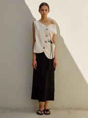 Asymmetrical Button-Down Linen Blouse with Off-Shoulder Neckline and Waist Tie Detail