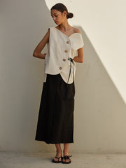 Asymmetrical Button-Down Linen Blouse with Off-Shoulder Neckline and Waist Tie Detail