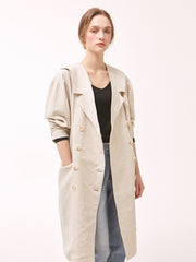 Double-Breasted Linen Wrap Dress With Puff Sleeves and Tailored Silhouette for Women