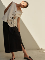 Asymmetrical Button-Down Linen Blouse with Off-Shoulder Neckline and Waist Tie Detail