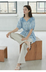 Linen Tunic Top with Ethnic-Inspired Print and Tie Waist – Lightweight Boho Summer Blouse