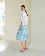 Tiered Linen Midi Skirt with Flowy Silhouette – Lightweight Summer Skirt with Elastic Waist