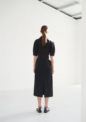 Linen Midi Dress with Sculpted Sleeves, Covered Placket, and Asymmetric Shawl Collar