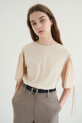 Women's Linen Blend Blouse with Puff Sleeves, Back Button Detail, and Soft Sailor Collar