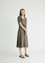 Square Neck Puff Sleeve Linen Blouse with Back Button Closure and Waist Drawstring Detail